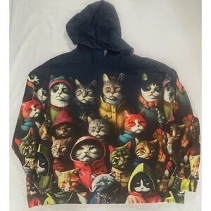 3D Cat Print Hoodie 5XL (Fits 3XL-4XL) Funny Novelty Animal Pullover Navy Blue